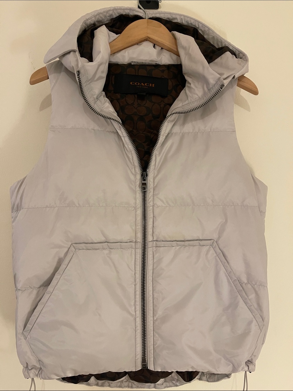 Coach Woman’s White Monogrammed Puffer Vest with Hood Size M